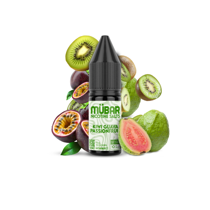 Mübar Nicotine Salts Kiwi Guava Passionfruit 10 mg/ml Bote de sales de nicotina Mübar Kiwi Guava Passionfruit de 10 ml, 10 mg/ml