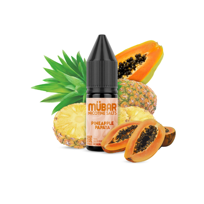 Mübar Nicotine Salts Pineapple Papaya 10 mg/ml Bote de sales de nicotina Mübar Pineapple Papaya de 10 ml, 10 mg/ml