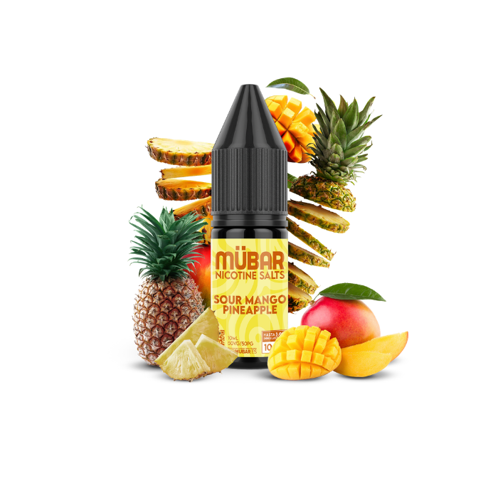 Mübar Nicotine Salts Sour Mango Pineapple 10 mg/ml Bote de sales de nicotina Mübar Sour Mango Pineapple de 10 ml, 10 mg/ml